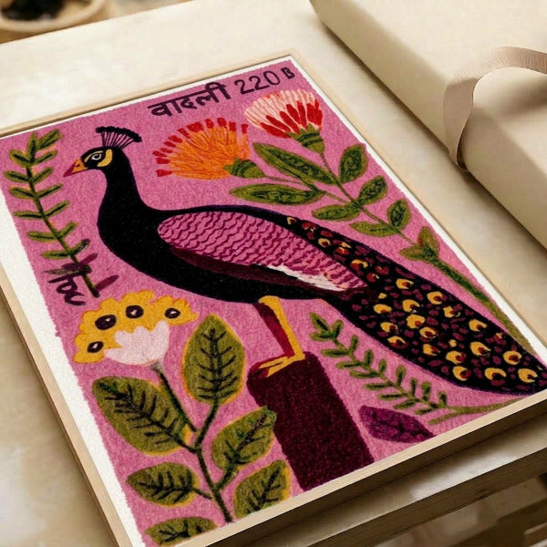 Framed vintage-style peacock poster with delicate flowers and leaves in mauve, olive, burgundy, and gold tones, displaying folk art warmth and decorative appeal.