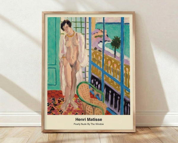 Abstract minimalist framed poster depicting a serene female figure in cream and soft pastel tones positioned near a window, evoking a contemplative mood with elegant simplified forms.