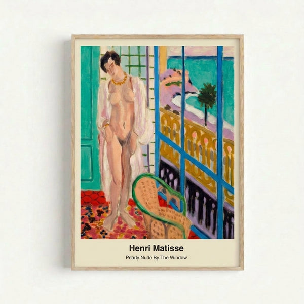 Framed modern art print featuring a pearlescent-toned nude figure in abstract style, seated by a window in a tranquil, minimalist composition with muted earth tones.