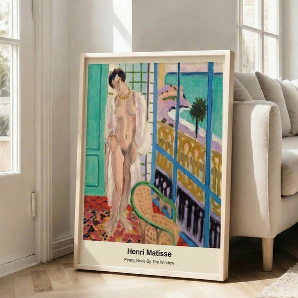 Minimalist framed print with an abstract female figure in pearlescent cream tones, gazing toward a window in a tranquil, sophisticated modern art composition.