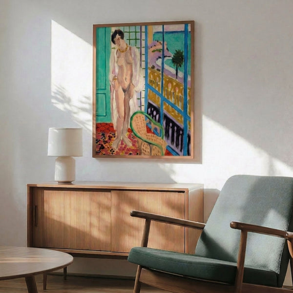 Elegant abstract wall art featuring a simplified nude figure in soft pastels and muted cream tones, positioned contemplatively by a window in minimalist modern style.