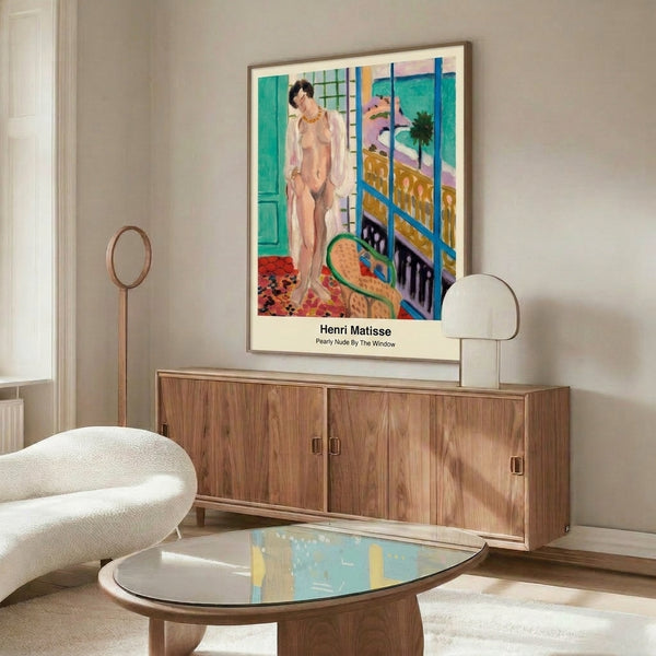 Framed abstract poster depicting a serene woman in pearlescent soft tones beside a window, rendered in minimalist form with an introspective, sophisticated mood.