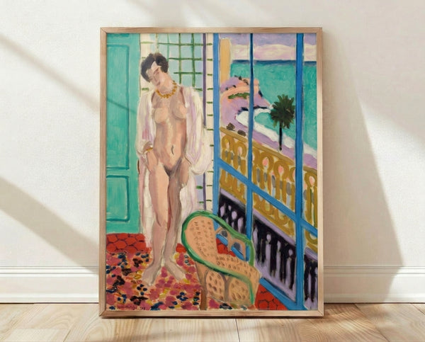 Abstract minimalist framed poster featuring soft pearly tones and organic shapes suggesting a figure near a window, in the style of paper cut artwork.