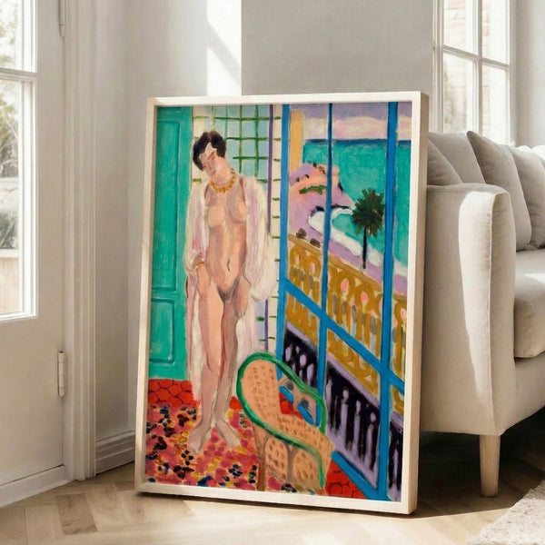 Contemporary minimalist framed print with peachy and neutral tones, featuring cut-out style shapes evoking a peaceful interior scene.