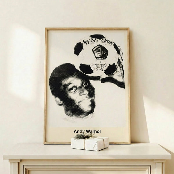 Contemporary pop art framed poster showcasing Pelé with a soccer ball in striking yellow, blue, and red hues against a bold graphic background.