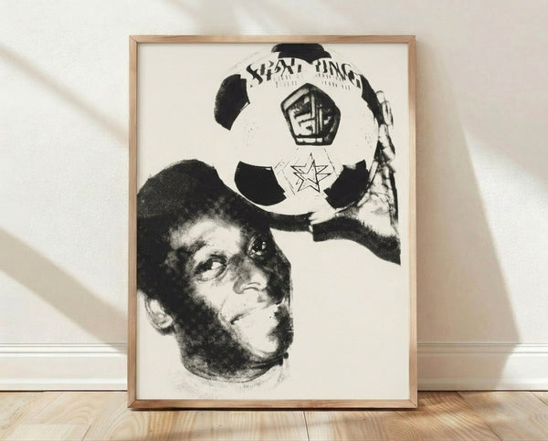 Pop art style framed poster of Pele in vibrant colors, celebrating the legendary soccer player with bold warhol-inspired graphic design.