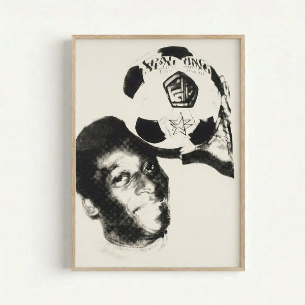 Framed print featuring Pele rendered in bright pop art colors with high-contrast graphic treatment typical of modern art posters.