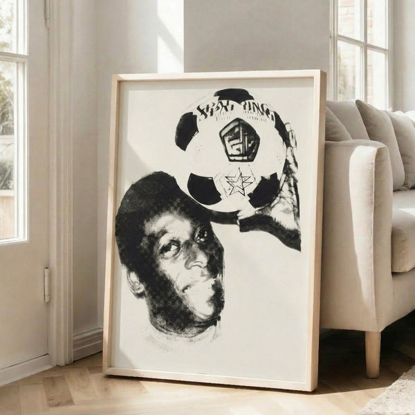 Pop art framed print celebrating soccer legend Pele with bright, eye-catching colors and bold graphic portraiture.