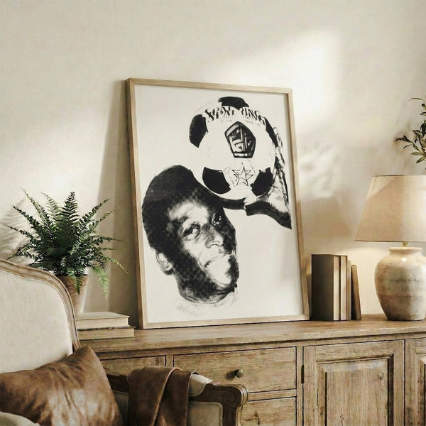 Framed wall art featuring Pele as a pop art subject, rendered in vivid colors with modern graphic art techniques.