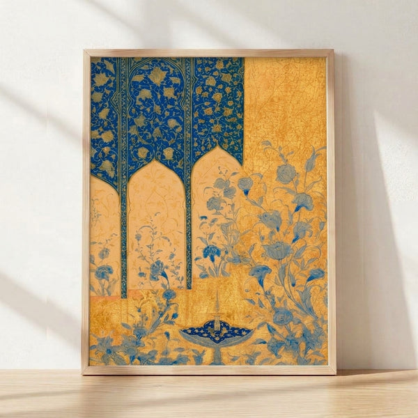 Art Nouveau framed poster depicting an ornamental Persian garden with arched doorways, flowering plants, and birds in deep blue, gold, and cream tones, evoking serene contemplative elegance.