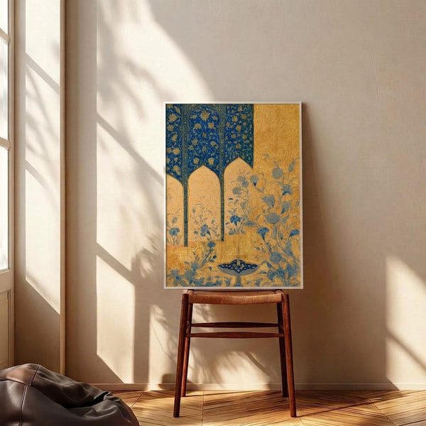 Serene garden scene with delicate birds and blooms framed beneath decorative arches in a stylized Art Nouveau composition, rendered in rich blue and gold palette.