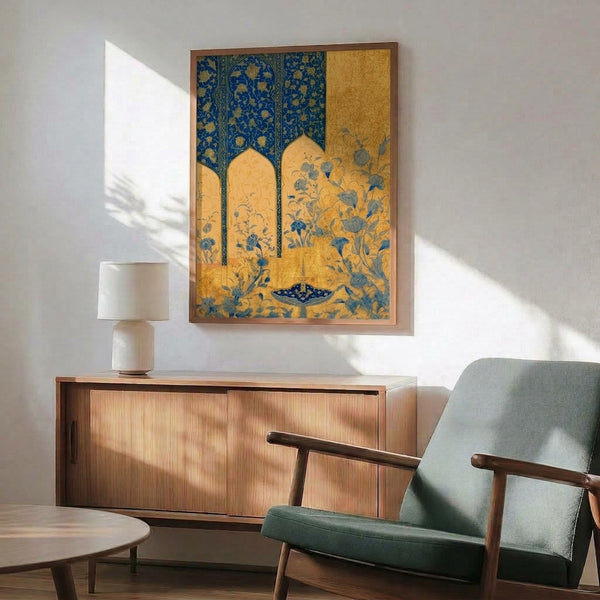 Ornamental Islamic-inspired garden print featuring intricately detailed flowers, birds, and architectural arches in deep blue and gold, displayed as framed wall art with contemplative mood.