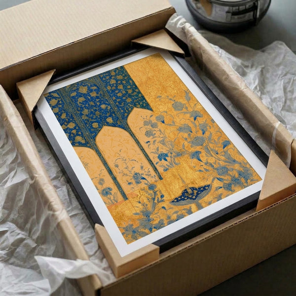 Art Nouveau poster art print showcasing a tranquil Persian garden with flowering vines, birds, and ornamental archways in grey-blue, cream, and gold harmonious tones.