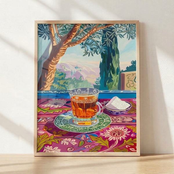 Framed modern boho poster featuring a serene tea garden landscape with teal mountains, magenta accents, and a ornate teacup surrounded by stylized trees in warm gold and orange tones.