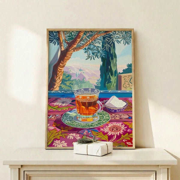 Art Nouveau-inspired wall art print depicting a tranquil tea scene with layered landscape elements, rich teal and cream palette, and decorative botanical motifs in magenta and gold.