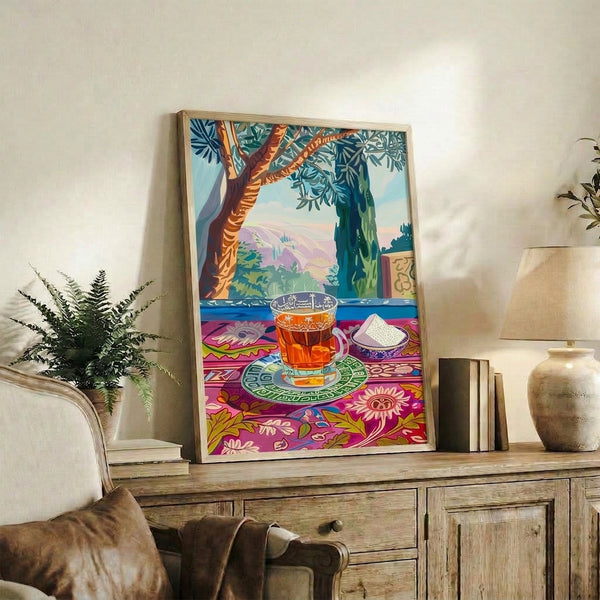 Warm boho textile-style poster showing a peaceful tea garden view with mountains, flowering trees, and an ornamental cup rendered in jewel tones of teal, magenta, and golden orange.