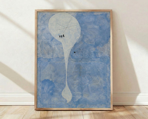 Abstract figure in Miro's cubist style featuring geometric shapes and bold lines in black, red, and blue on a cream background, framed as a modern art print.