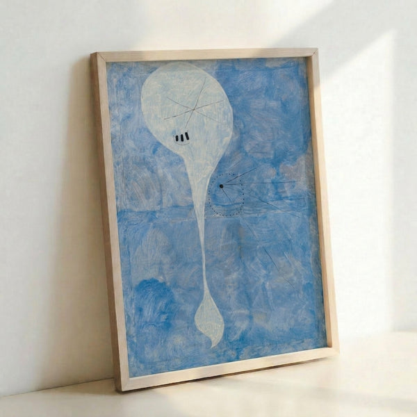Miro's Personage depicts an abstracted figure through interlocking geometric and organic shapes in red, blue, and black, a classic modern art masterpiece in a frame.