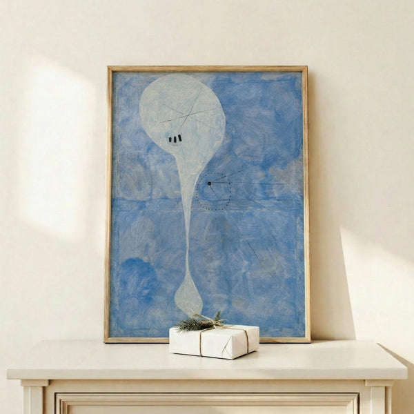 Contemporary framed poster of Personage showing Miro's signature cubist style with vibrant reds and blues defining an enigmatic figure against a light ground.