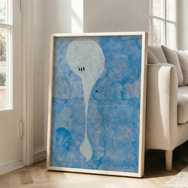 Abstract figure composition in Miro's distinctive manner, combining geometric planes with curved biomorphic elements in bold primary hues, presented as a framed print.
