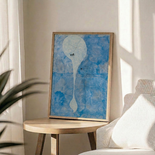 Miro's Personage rendered as a cubist wall art print, balancing flat geometric shapes and surreal forms in contrasting black, red, and blue tones.