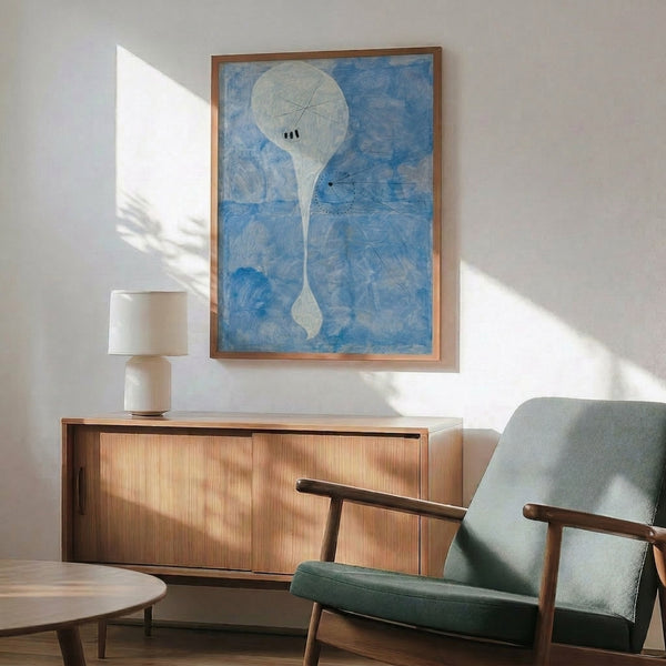 Framed modern art print of Personage featuring Miro's playful cubist approach with dynamic interlocking forms in primary colors creating an expressive abstract figure.