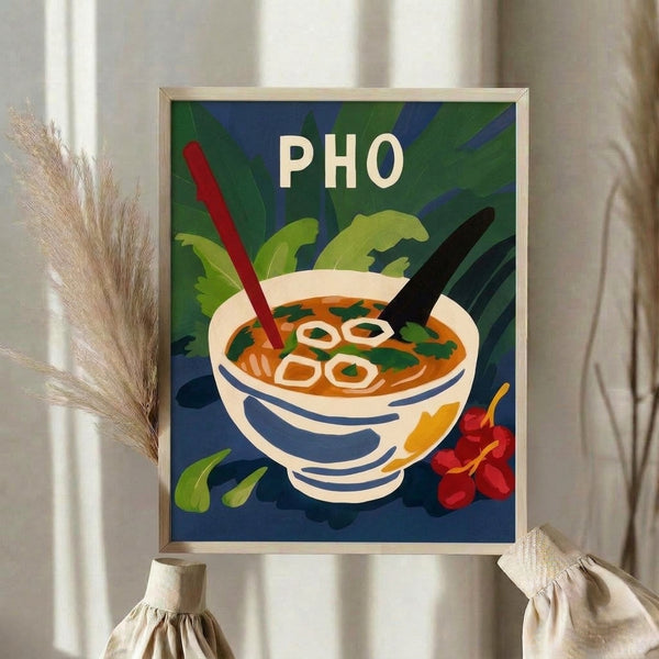 Framed retro kitchen print depicting a classic Vietnamese pho soup bowl with layered noodles, aromatic broth, and fresh garnishes in art deco style; warm vintage color scheme of cream, forest green, burnt orange and red.