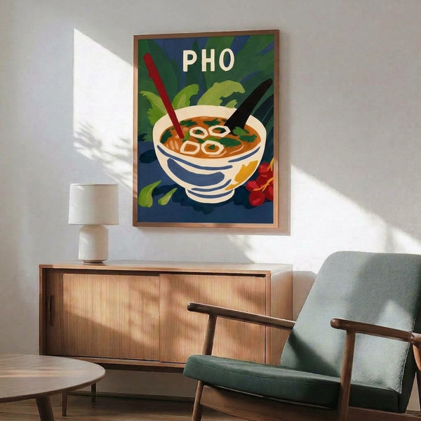 Nostalgic art deco–inspired poster of an appetizing pho bowl with steaming broth and herb garnish, featuring a sophisticated retro palette of navy, forest green, cream and burnt orange tones; vintage kitchen wall art.
