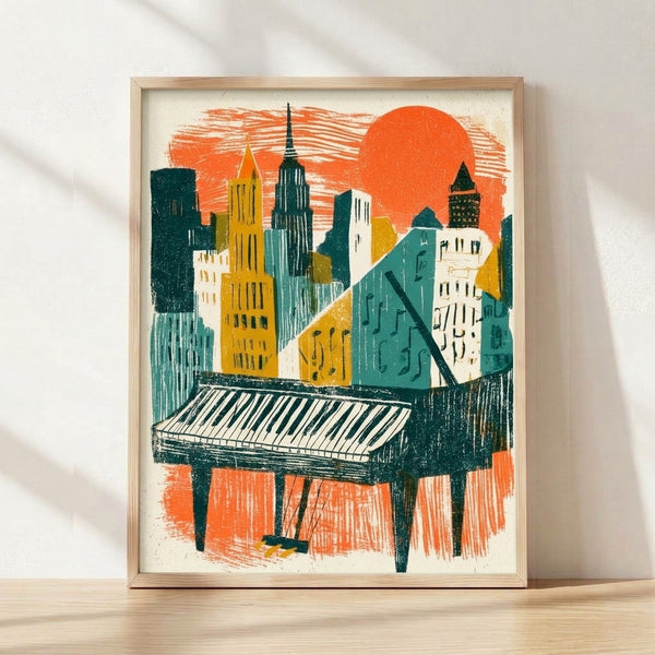 Retro midcentury modern poster featuring a piano keyboard merging into a stylized New York City skyline with musical notes, rendered in warm coral, mustard yellow, forest green, and cream tones.