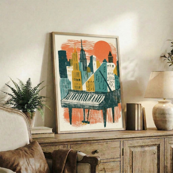Vintage-style framed art print showing an urban piano motif blending with geometric buildings and a warm sun, evoking nostalgic midcentury design in earthy oranges and greens.