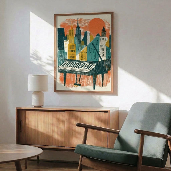 Midcentury modern wall art depicting a piano keyboard transitioning into a city skyline with musical notes scattered throughout, painted in retro palette of coral, mustard, and forest green.