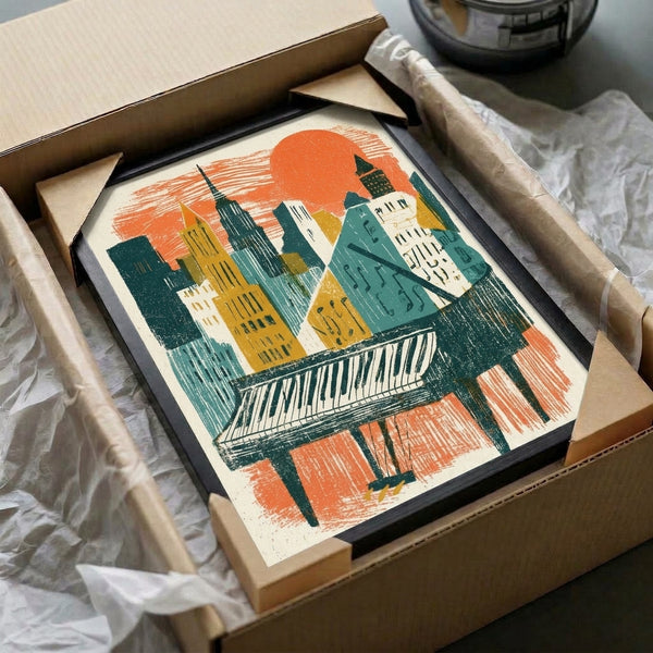 Nostalgic retro poster combining jazz-era piano imagery with a warm, geometric New York City skyline in vintage midcentury colors including charcoal, cream, and burnt orange tones.