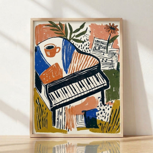 Retro line art poster featuring a grand piano with coffee cup and flowering plants in terracotta, cobalt blue, and forest green tones, framed on a wall.