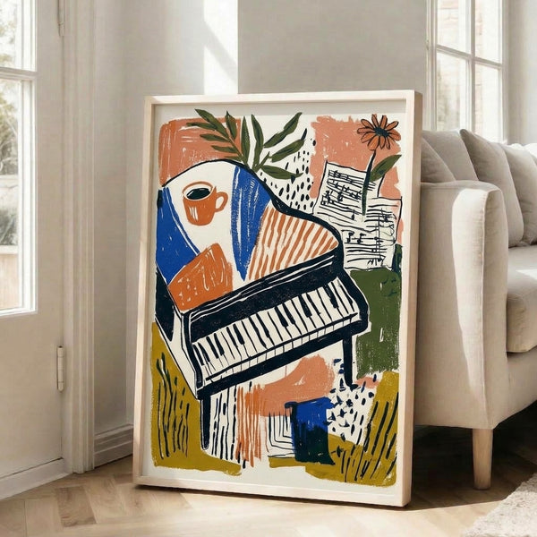 Modern artistic print combining music elements—a piano and sheet music—with a steaming coffee cup and blooming flowers in warm ochre and cool blue hues.