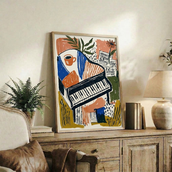 Creative wall art blending a grand piano, fresh flowers, and coffee imagery in retro style with terracotta, cream, and forest green accents.