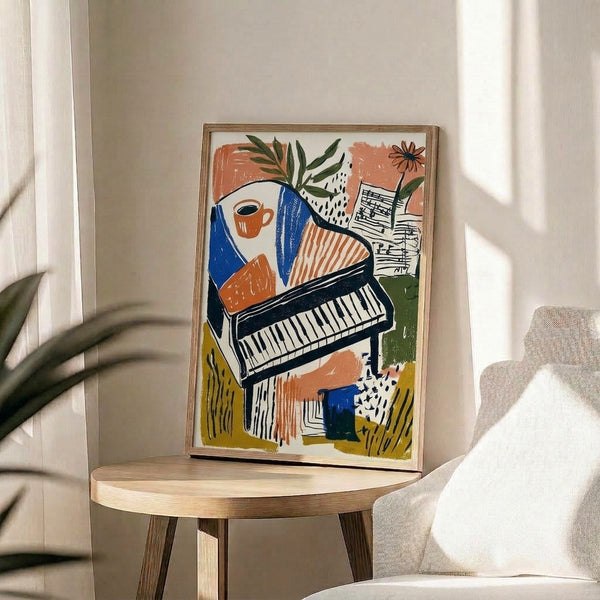 Framed poster celebrating music and creativity with line-drawn piano, floral details, and coffee cup motif in a palette of cobalt blue, ochre, and warm earth tones.