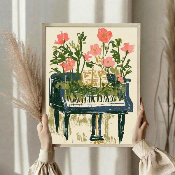 Whimsical watercolor art print featuring a piano nestled among botanical flowers and plants in romantic coral, green, and blue hues with gold accents.