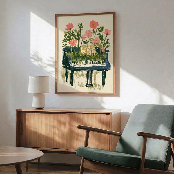 Retro-style watercolor poster blending line art of a piano with delicate flowers in soft coral pink and forest green, evoking a creative, romantic mood.