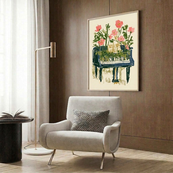 Framed watercolor print depicting a piano adorned with blooming flowers and greenery in warm coral and cool navy tones, creating a whimsical botanical composition.