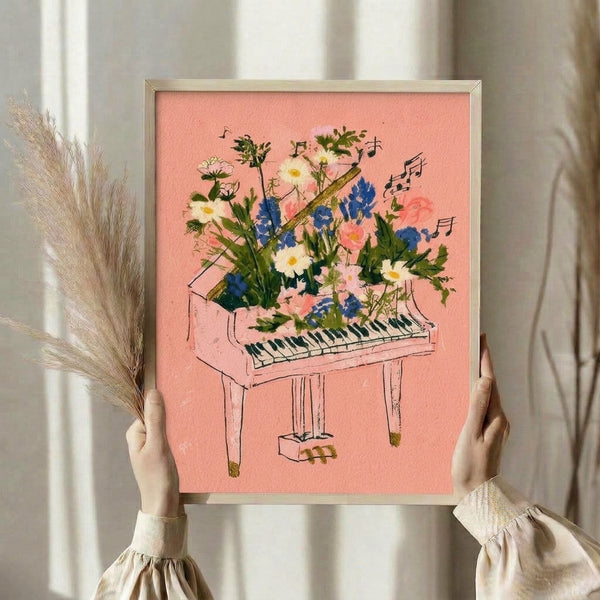 Line art and watercolor framed print featuring a cream background piano with blooming daisies and delphinium in coral, navy, and yellow tones, capturing joyful creative energy.