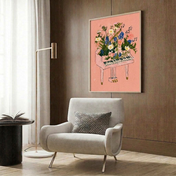 Cottagecore-inspired watercolor art print of a piano surrounded by flowing floral elements in soft coral pink, navy blue, and cream, evoking whimsy and musical joy.