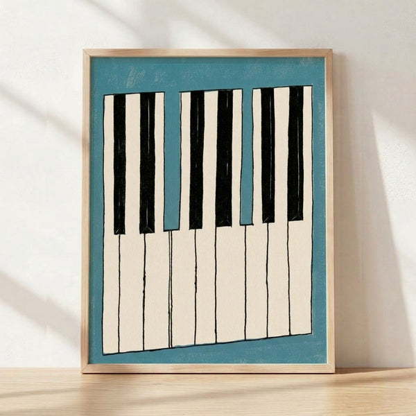 Minimalist line drawing of piano keys in slate blue and cream, framed on a wall as a sophisticated mid-century modern art print.