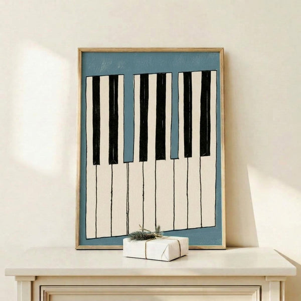 Calm, contemplative poster featuring simple black piano keyboard lines on a cream background, displaying a wabi sabi aesthetic.