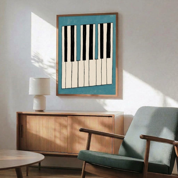 Framed minimalist artwork of piano keys rendered in elegant slate blue and white line work, embodying mid-century modern design sensibility.