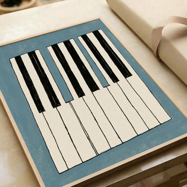 Sophisticated line art print depicting piano keys in muted tones of slate blue and cream, evoking a serene, minimalist mood.