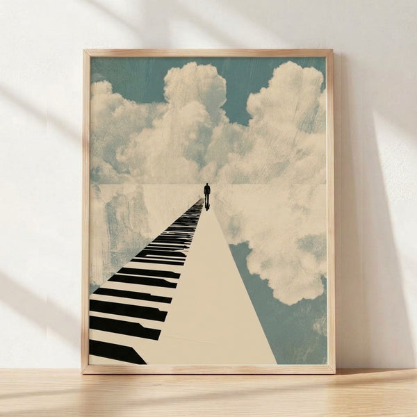 Surreal minimalist poster featuring a solitary figure walking across piano keys that fade into cloudy skies, rendered in teal, cream, and black tones.