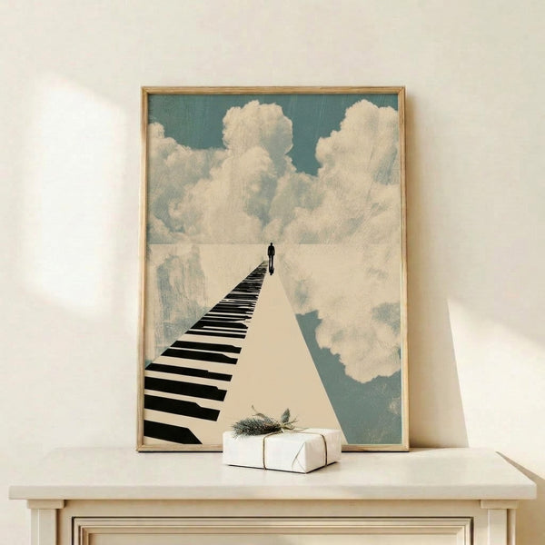 Dreamlike framed art print showing a contemplative scene of a person treading on piano keys dissolving into clouds, with a serene palette of whites and teals.
