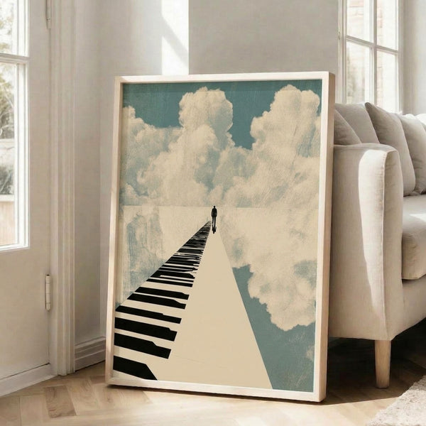 Modern surreal artwork depicting a figure traversing an ethereal path of piano keys against a misty sky backdrop in muted teal and cream hues.