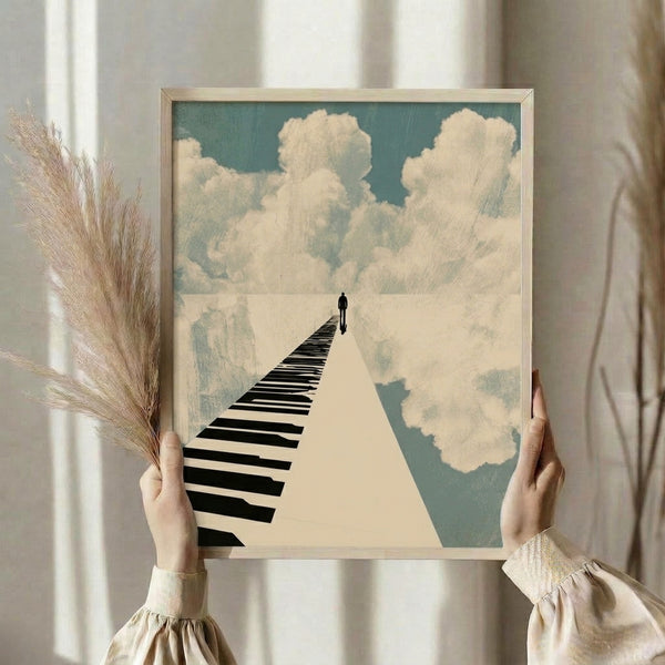 Minimalist surreal print capturing an introspective moment as a lone figure walks along piano keys merging with clouds, in soft teal, cream, and monochromatic tones.