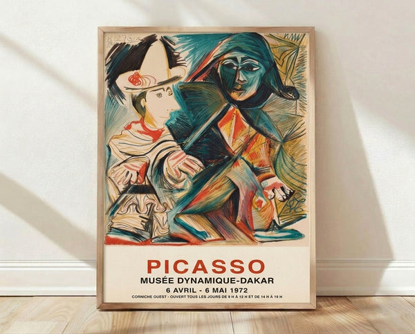 Bauhaus-style framed poster featuring abstract cubist figures in teal, rust red, and ochre yellow, depicting a woman, child, and bird in dynamic geometric composition from a 1972 Dakar exhibition.